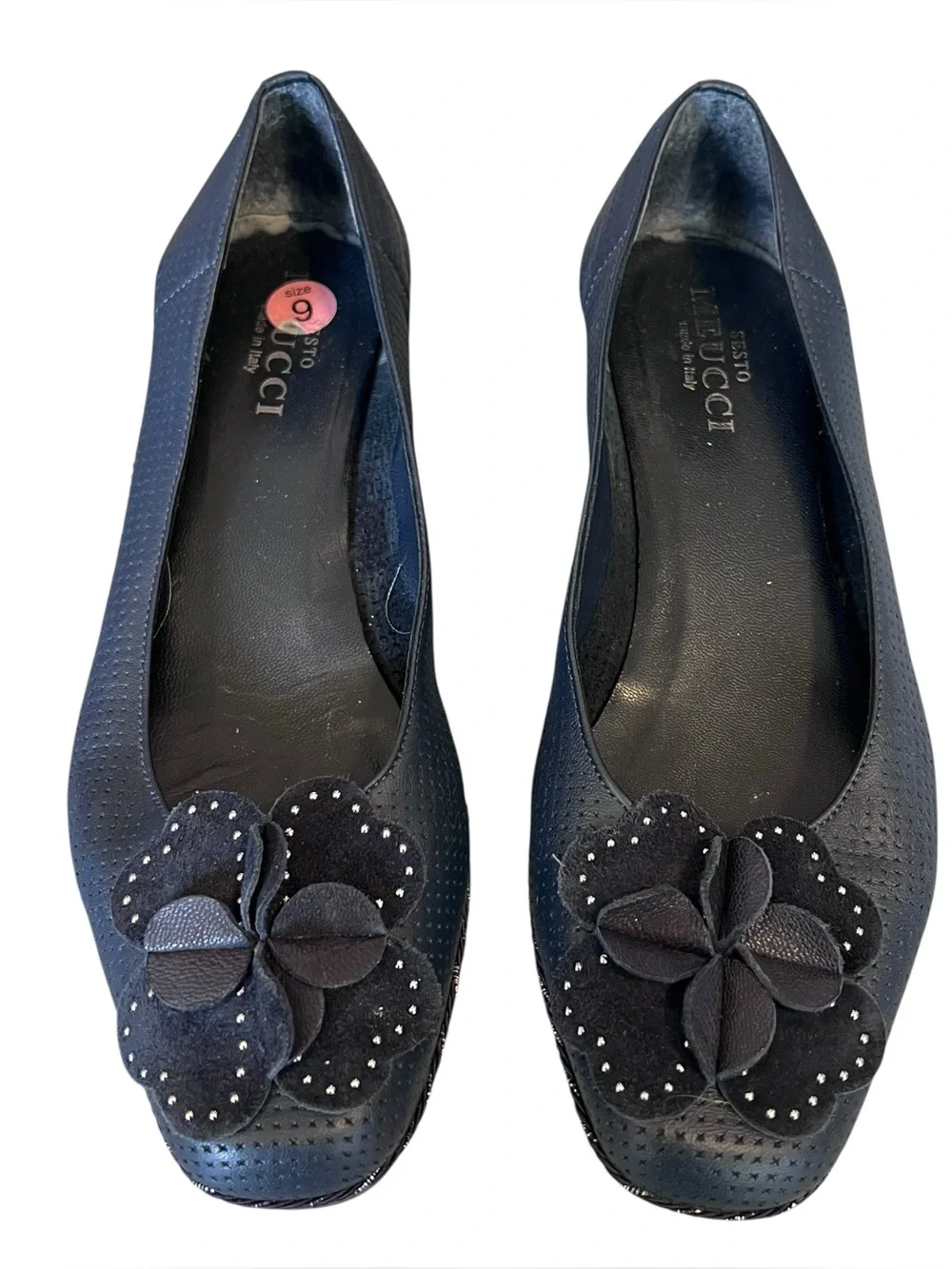 Sesto Meucci Women’s Sz 9 Navy Leather Demi Wedge Heels Perforated Floral